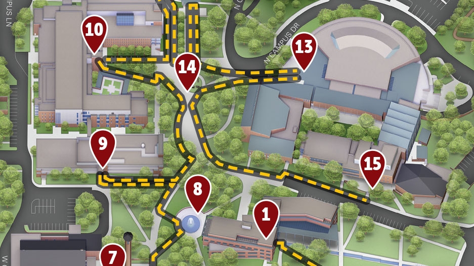 partial image of campus map with numbered markers