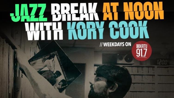 KRTU Jazz Break at Noon with Kory Cook logo. Kory cook puts up a record on a shelf. 