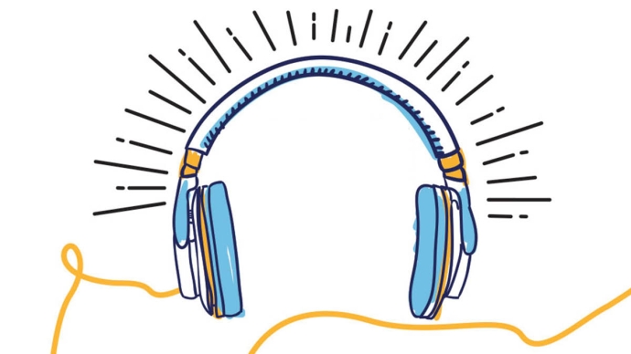 illustration of blue and white headphones with a yellow cord