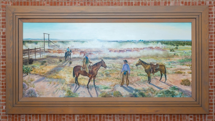 Painting of men and horses in the countryside.