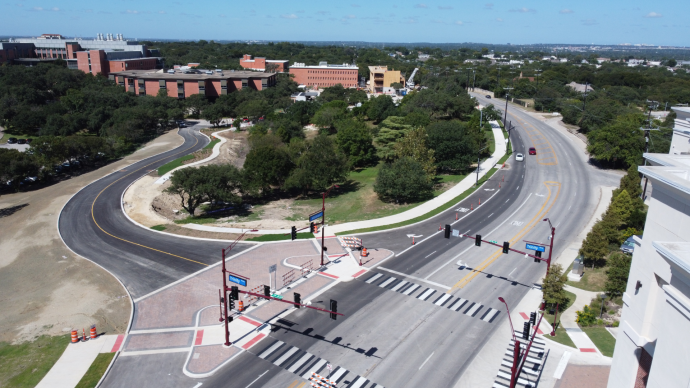An overhead view of Beneski Parkway from the perspective of Hildebrand with the Chapman-Halsell-Dicke Complex in the background