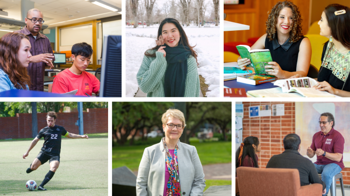 A collage of Trinity faculty, staff, students, and alumni either in action shots or in portraits