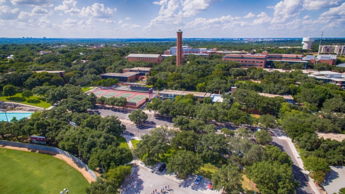 An aerial shot of Trinity's campus