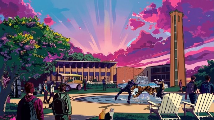 illustration of items depicting trinity university's campus, such as murchison tower, miller fountain, a nacho cart, mountain laurels, students, and buildings