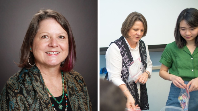 a collage of a portrait of Amy Foshee Holmes (left) and Holmes stuffing Valentine's Day treat bags with a student (right)