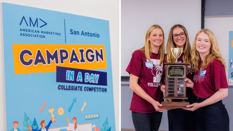 a collage of a poster for the San Antonio AMA chapter's "Campaign in a Day" competition (right) and the three Trinity AMA students holding their first place trophy wearing Trinity t-shirts (left)