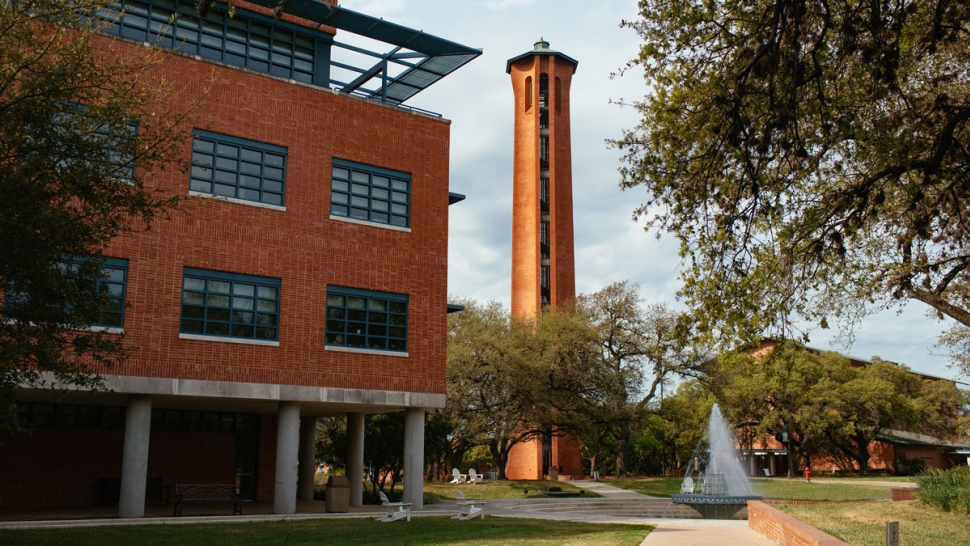 Northrup hall and miller fountain and Murchison tower