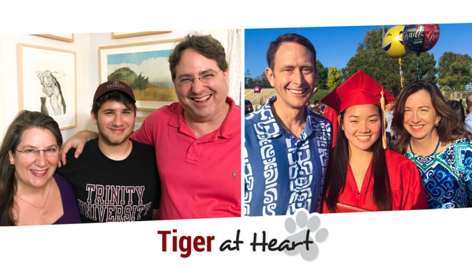 Left: Legacy parents with their child. Right: Legacy parents with their graduating student, who is wearing red robes.