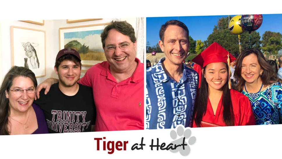 Left: Legacy parents with their child. Right: Legacy parents with their graduating student, who is wearing red robes. 