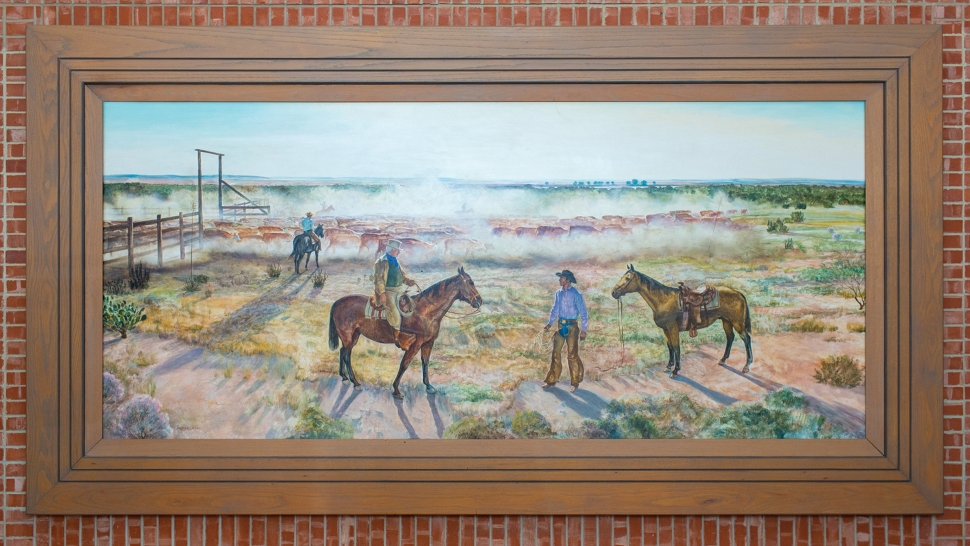 Painting of men and horses in the countryside.