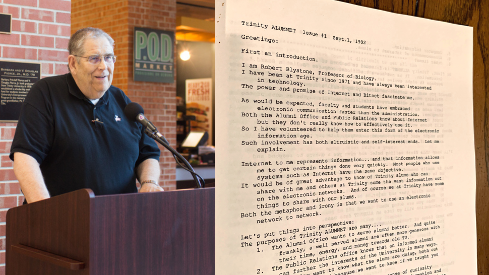 A collage of two pictures; left: Bob Blystone, Ph.D. speaks at a podium; right: a printed copy of the first issue of AlumNet