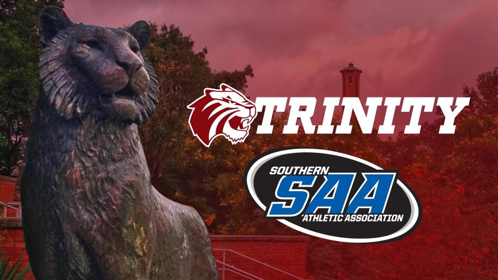 The Trinity Tiger Statue on a maroon background with the Trinity spirit logo and the SAA logo
