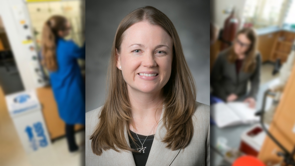a portrait of Amanda Hargrove smiling overlaid on a photo of Hargrove and her students in her chemistry lab