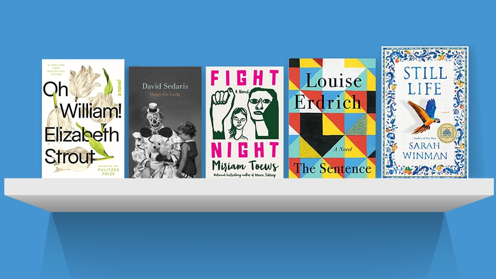 a collage of the book covers of some of Coleen Grissom's 2023 lit pick displayed on a wall shelf