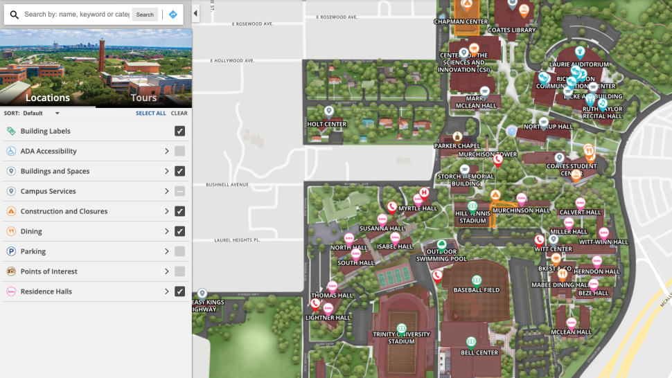 Screenshot of 3D map with a search bar and feature menu