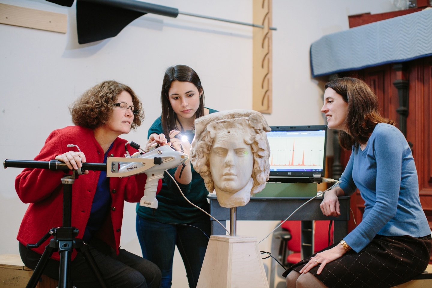 Professor and students looking at Greek sculpture