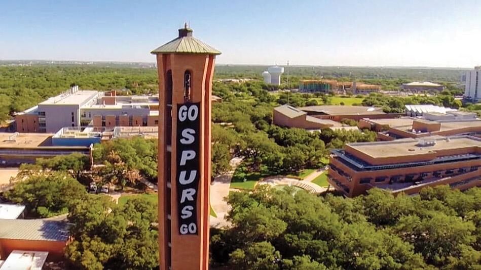 a "Go Spurs Go" banner hangs from Murchison Tower