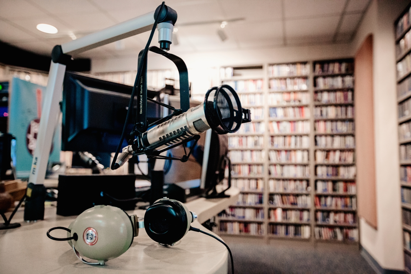 Microphone and headset inside KRTU recording room.