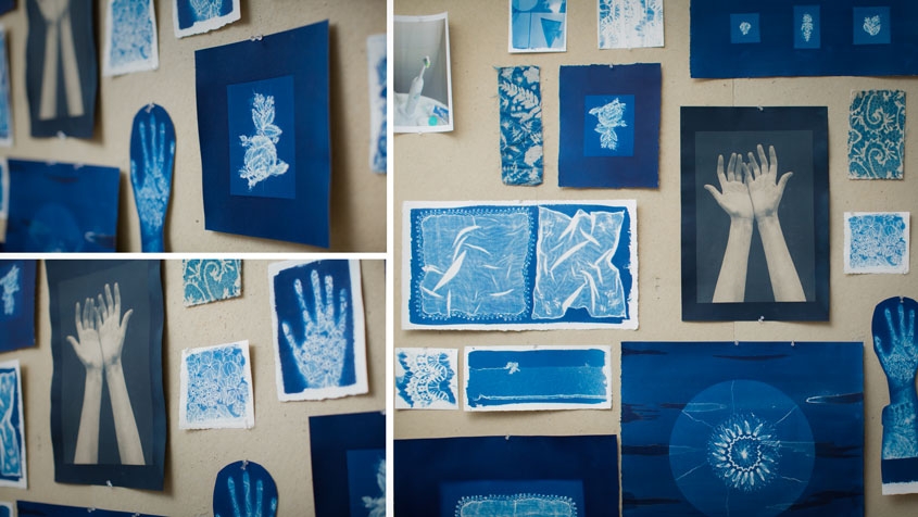 Wall of blue art work 