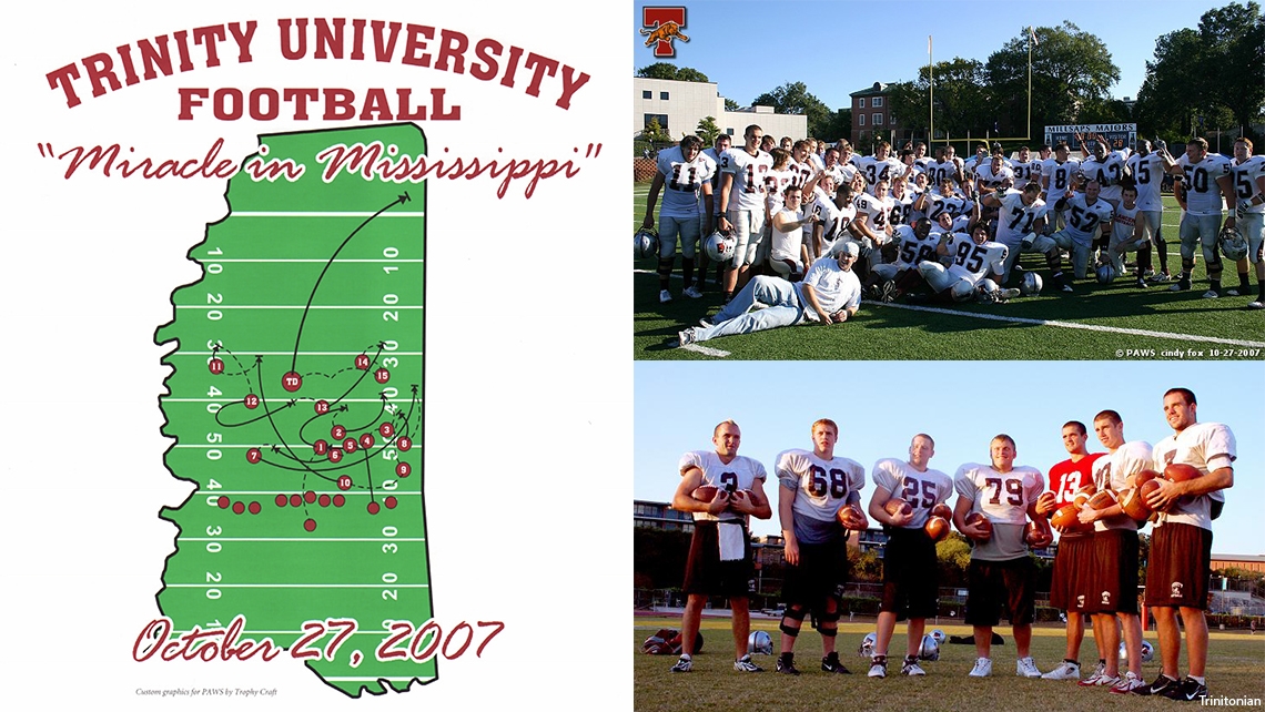 A drawing of the 15 laterals in the play and pictures of the team on the field after the game and the seven players who touched the ball