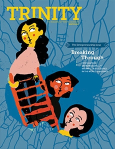 the winter 2017 trinity magazine cover shows an illustration of three women breaking a glass ceiling