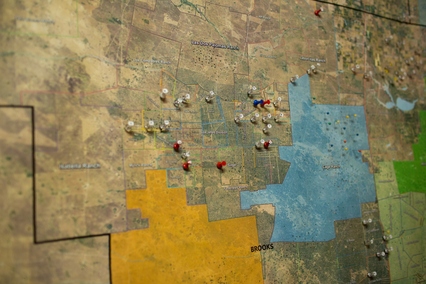 A map of the border region with push-pins indicating the location of the various water stations.