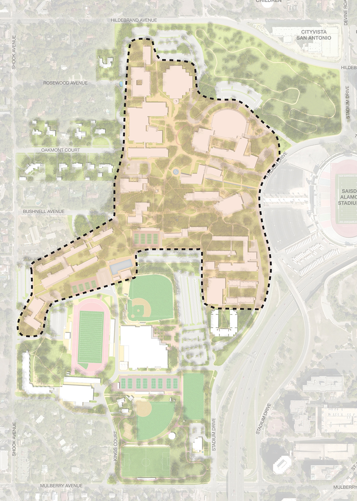 a map rendering shows the boundaries of Trinity's national historic district on campus