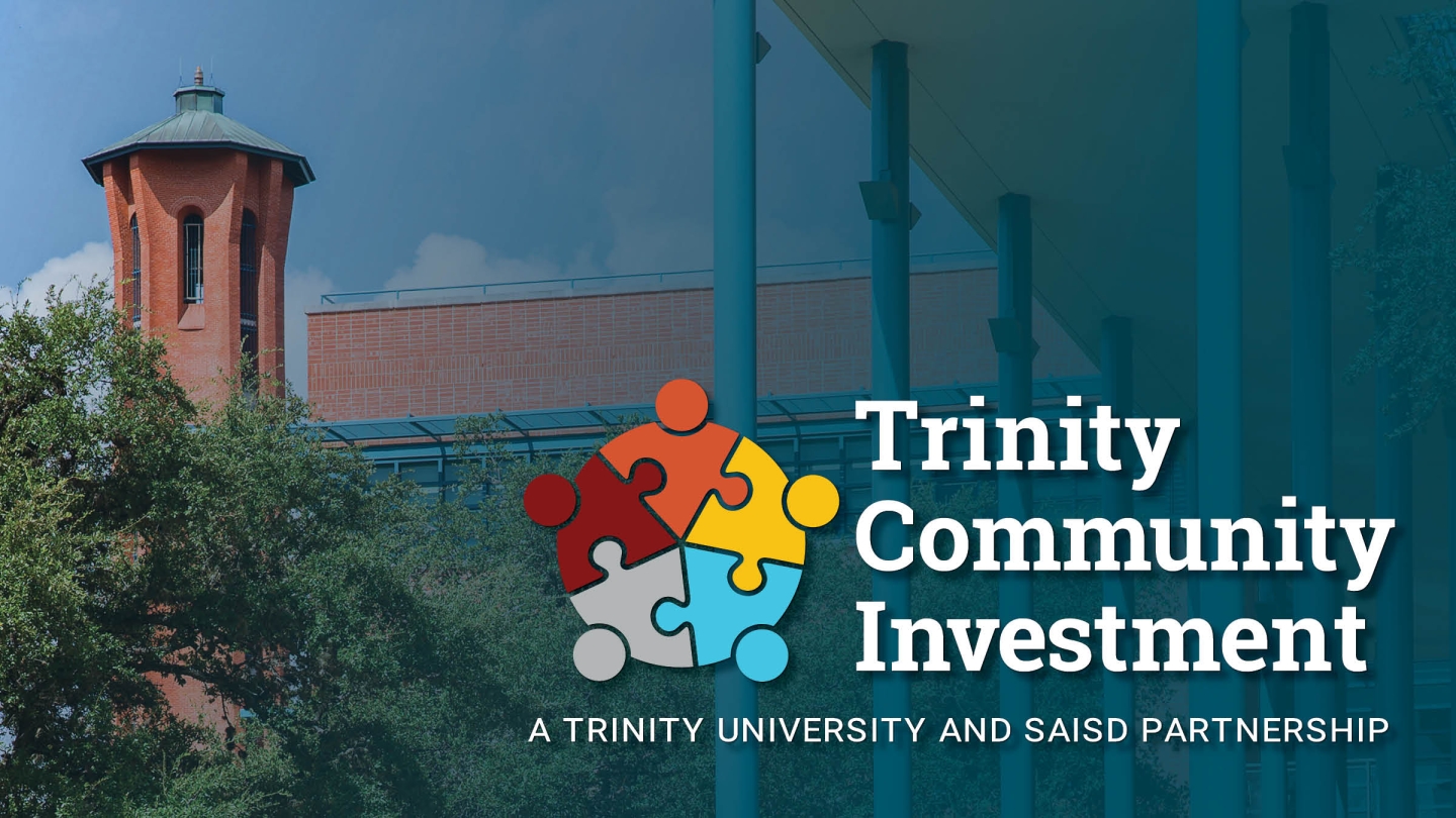 Trinity University partnership with SAISD logo in front of Trinity Tower