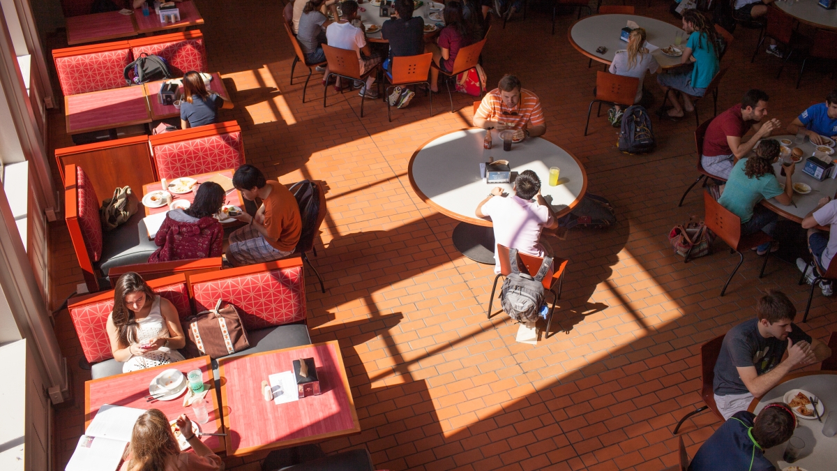 overhead shot of Mabee Dining Hall during lunch