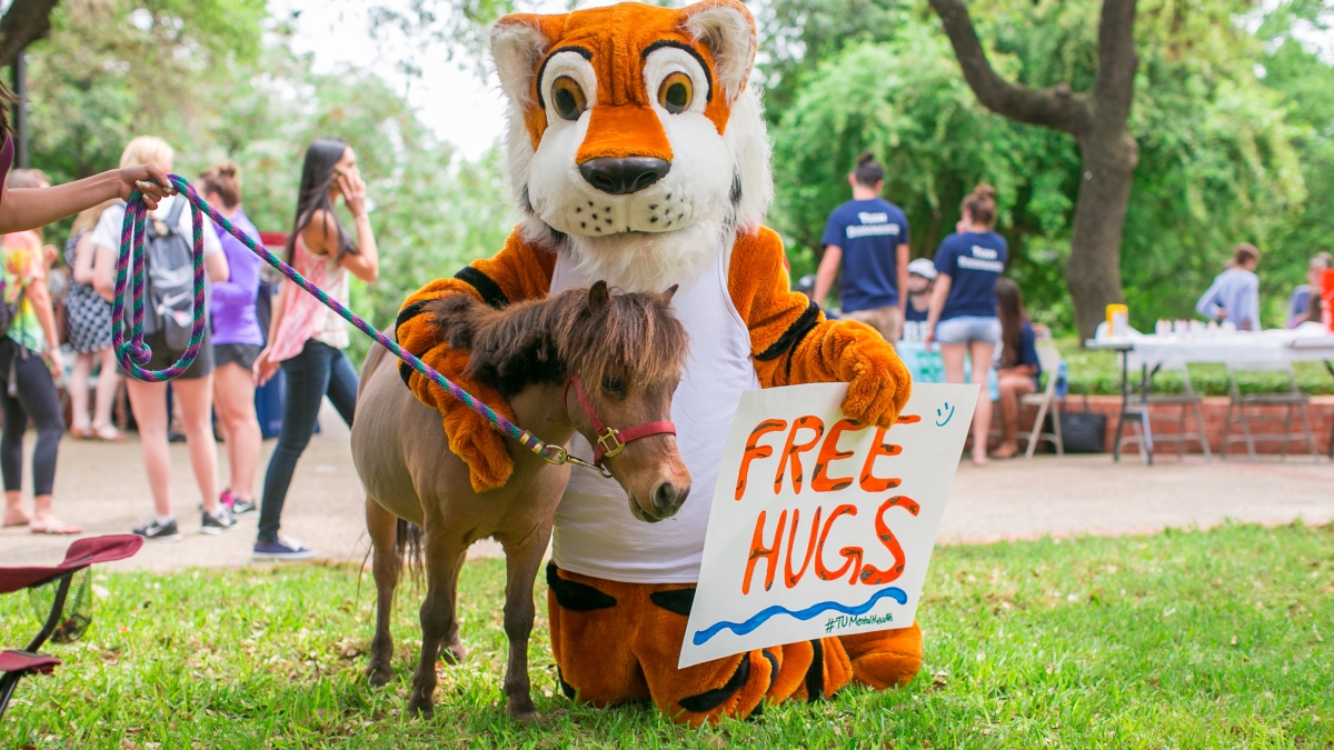 LeeRoy the Tiger poses with a "Free Hugs" sign and a service animal on the Esplanade
