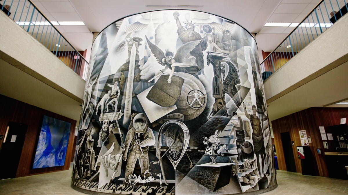 Mural on the circular wall in Coates Library that is a tribute to the evolution of art