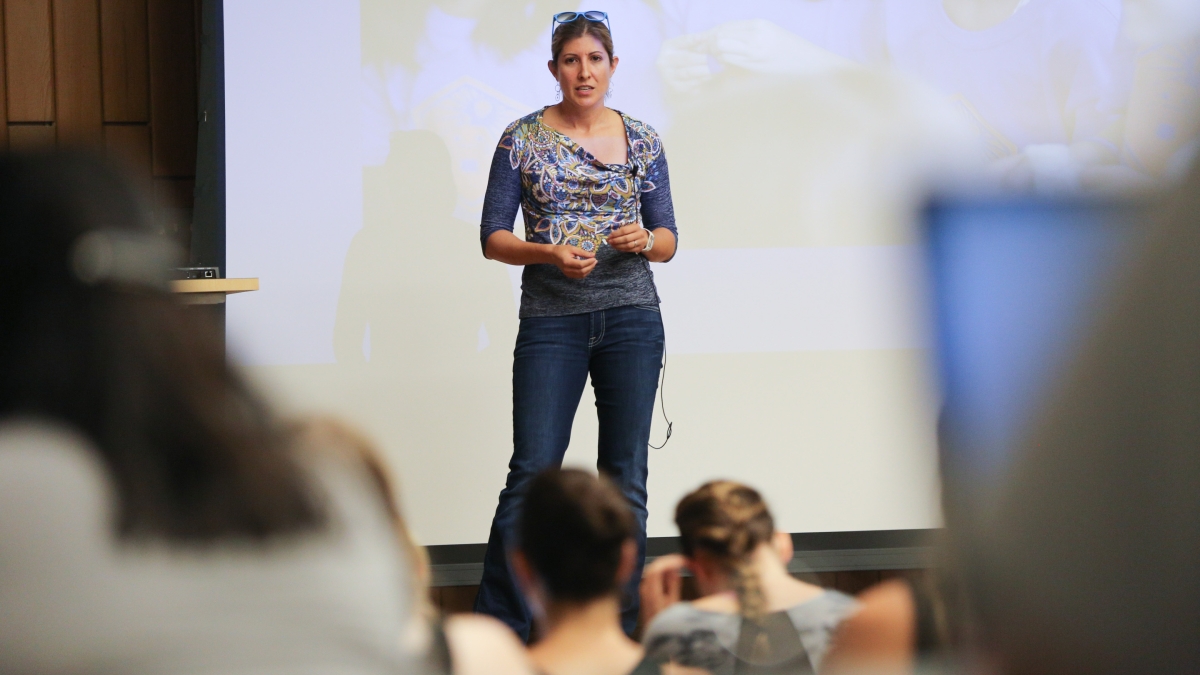Luz Cristal speaks in Chapman Auditorium