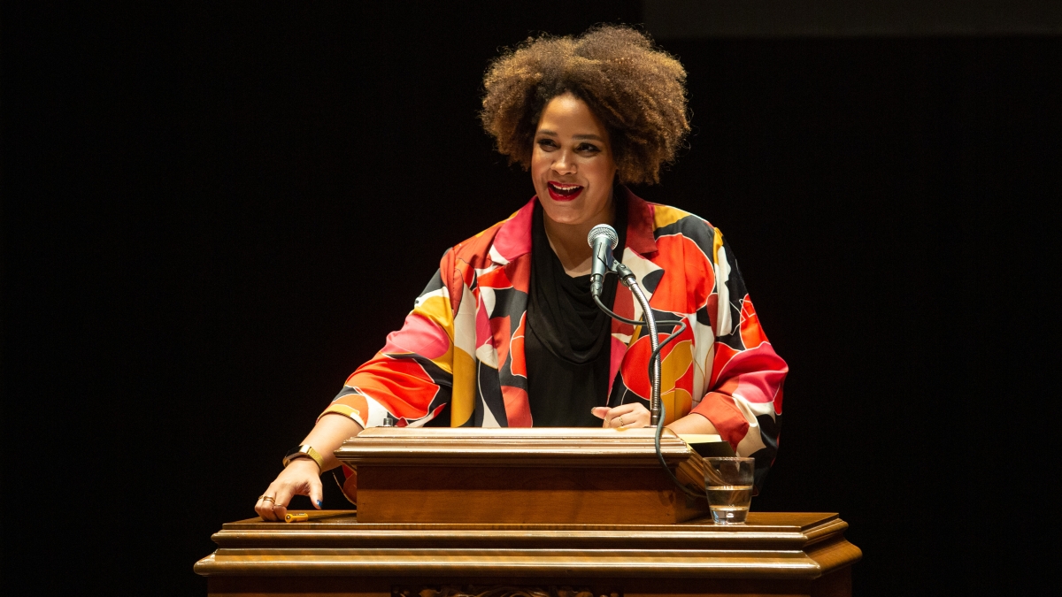 Ijeoma Oluo speaks in Laurie Auditorium