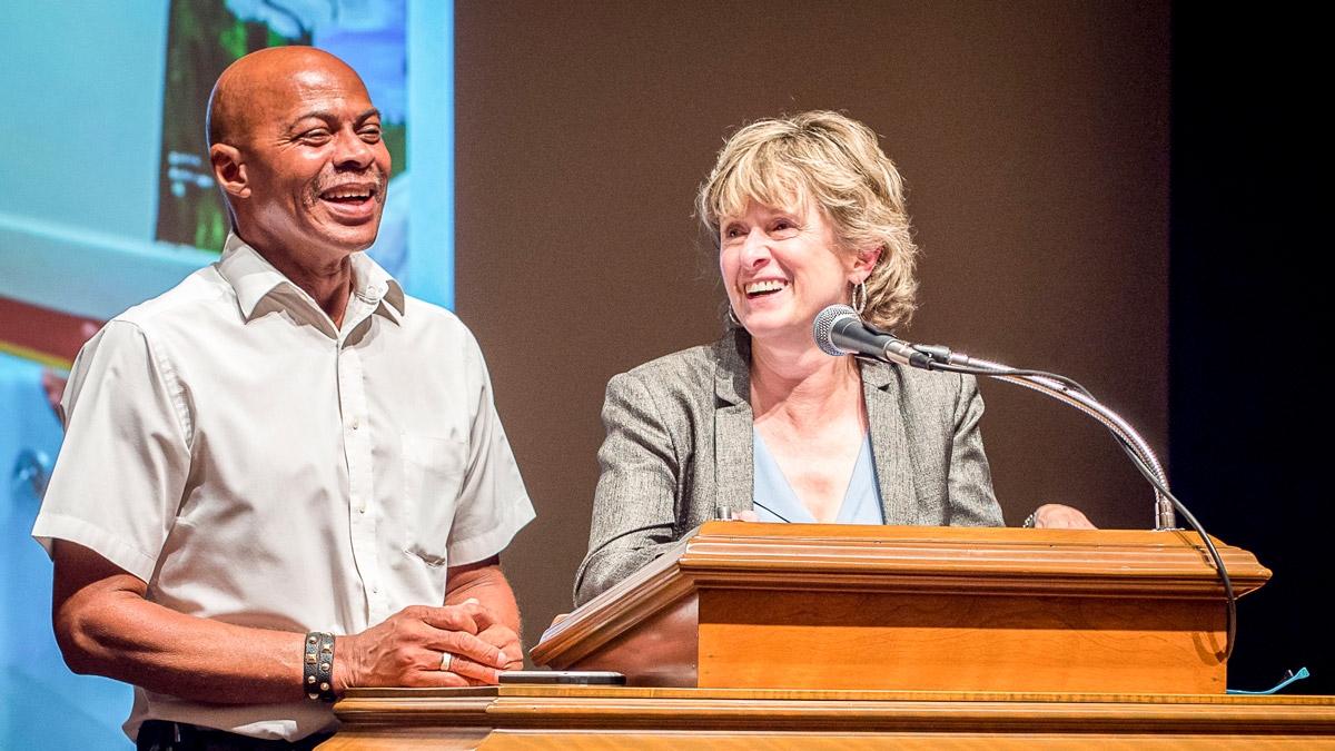 Raymond Bonner and Diana Holt speak in Laurie Auditorium