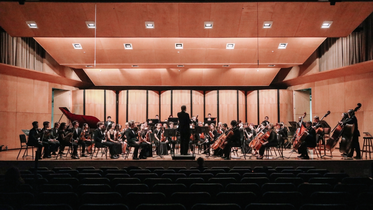 a panoramic view of the Trinity Symphony Orchestra in the Ruth Taylor Recital Hall