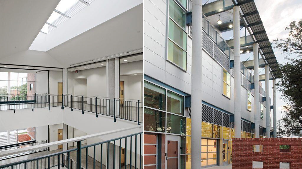 Side by side of the interior and exterior views of the Dicke art building.