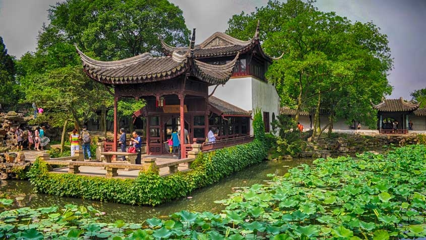 Chinese building in water garden