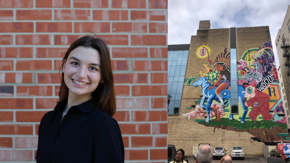 Collage of Ashley Allen standing against a brick wall and a mural from downtown San Antonio painted by Rudy Herrera